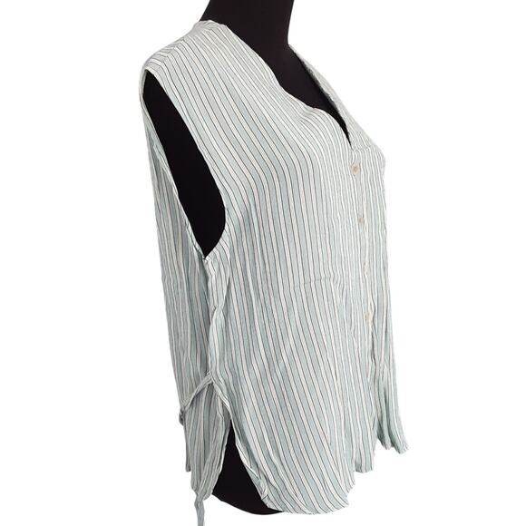 Vintage 90s Pinstripe Waist Coat Vest Tie Back Blue Button Front Sleeveless L - Picture 3 of 11